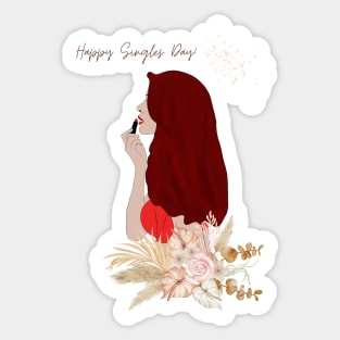 Empowerment & Elegance: 'Happy Singles Day' with Chic Lipstick Girl & Floral Accents Sticker